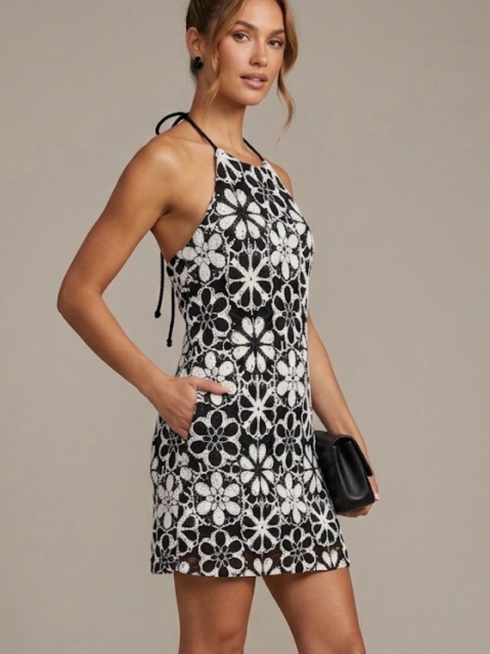 Ramy Brook Black and White Crochet Floral Halter Mini Dress